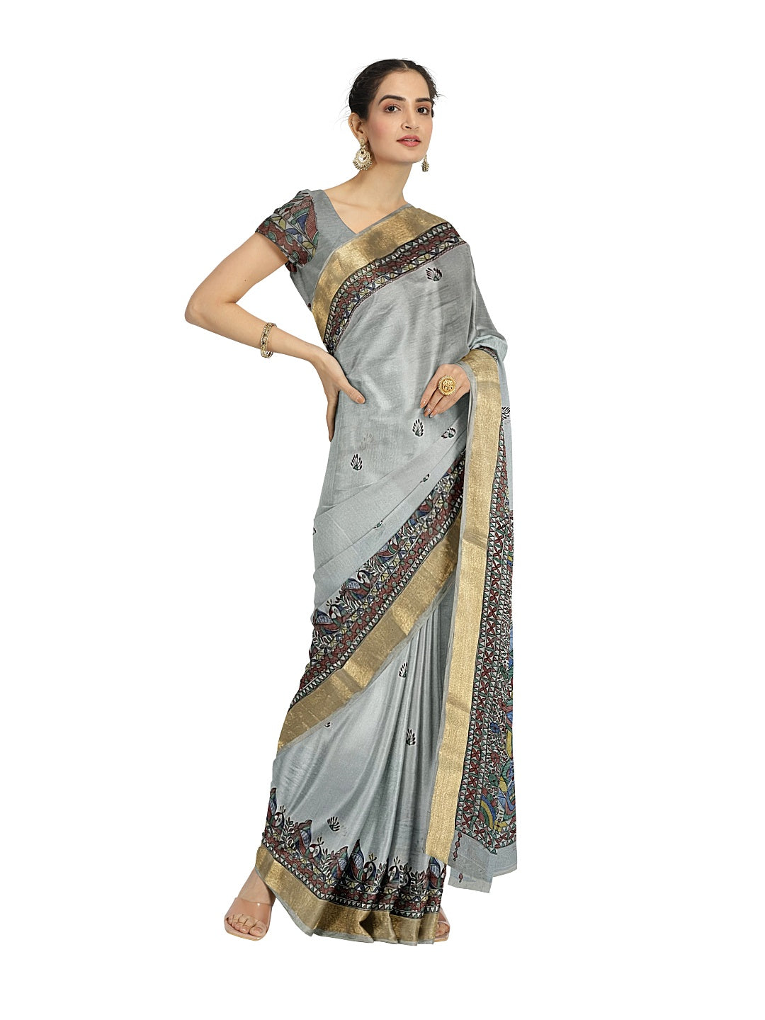 Powder Blue Hand-Painted Madhubani Saree on Chanderi Silk